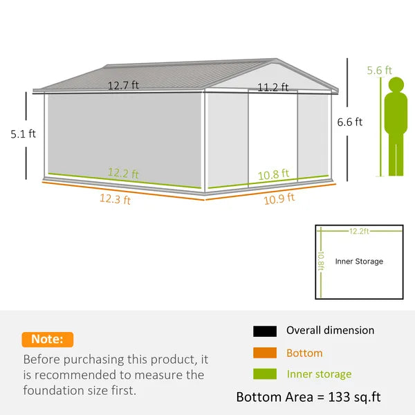 Outsunny 12.6 ft x 11 ft Metal Storage Shed, Garden Tool House with Double Sliding Doors, 4 Air Vents for Backyard, Patio and Lawn, Dark Gray - product image 3