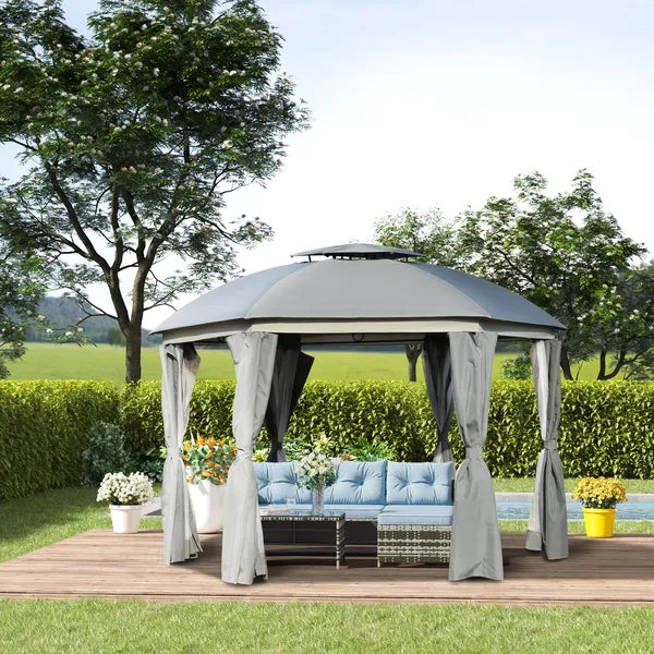 12x12 Canopy Gazebo, Double Roof and Netting Curtains, Zippered Doors, Gray - product image 2
