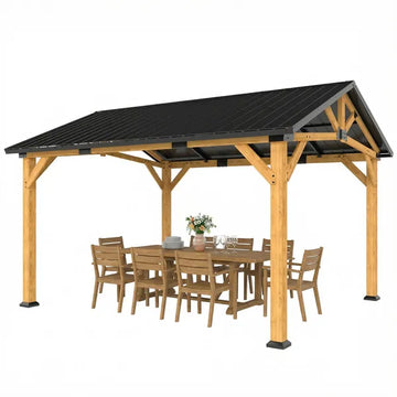 Outsunny 13 ft x 11 ft Hardtop Gazebo Canopy with Galvanised Metal Roof, Fir Wood Frame and Central Hook for Patio, Black Gray - product image 1