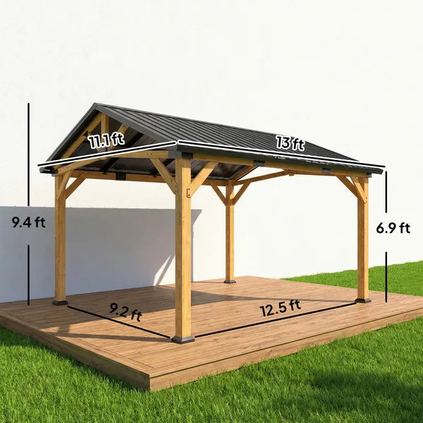 Outsunny 13 ft x 11 ft Hardtop Gazebo Canopy with Galvanised Metal Roof, Fir Wood Frame and Central Hook for Patio, Black Gray - product image 3