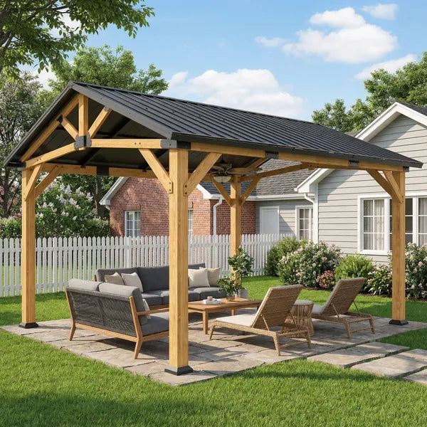 Outsunny 13 ft x 11 ft Hardtop Gazebo Canopy with Galvanised Metal Roof, Fir Wood Frame and Central Hook for Patio, Black Gray - product image 2