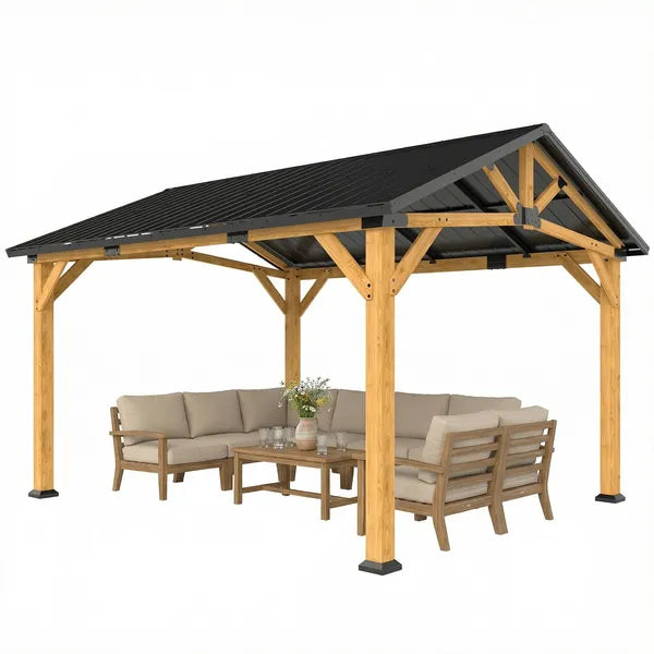 Outsunny 13 ft x 11 ft Hardtop Gazebo Canopy with Galvanised Metal Roof, Fir Wood Frame and Central Hook for Patio, Black Gray - product image 11