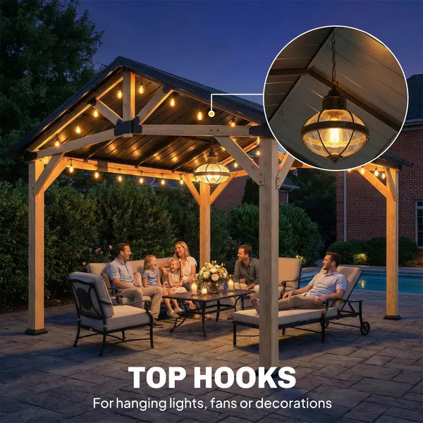 Outsunny 13 ft x 11 ft Hardtop Gazebo Canopy with Galvanised Metal Roof, Fir Wood Frame and Central Hook for Patio, Black Gray - product image 7