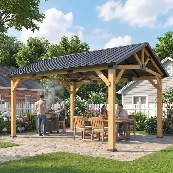 Outsunny 13 ft x 11 ft Hardtop Gazebo Canopy with Galvanised Metal Roof, Fir Wood Frame and Central Hook for Patio, Black Gray - product image 9
