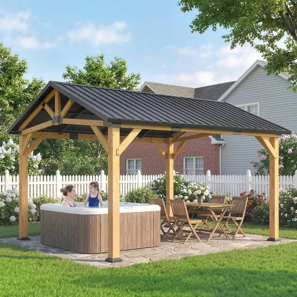 Outsunny 13 ft x 11 ft Hardtop Gazebo Canopy with Galvanised Metal Roof, Fir Wood Frame and Central Hook for Patio, Black Gray - product image 8