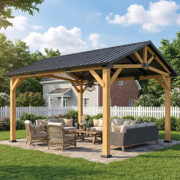 Outsunny 13 ft x 11 ft Hardtop Gazebo Canopy with Galvanised Metal Roof, Fir Wood Frame and Central Hook for Patio, Black Gray - product image 10