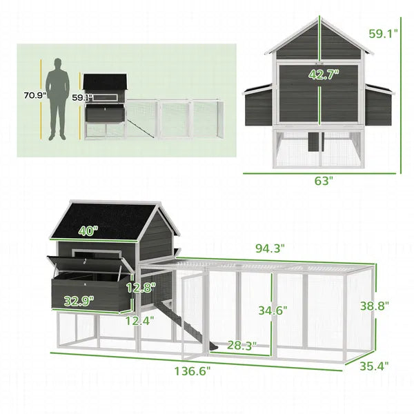 PawHut 137" Wooden Chicken Coop for 8-10 Chickens, Backyard, Dark Gray - product image 3