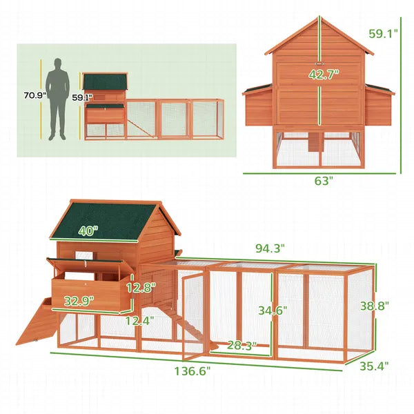 PawHut 136.5 Inch Wooden Chicken Coop for 8-10 Chickens Gray - product image 3