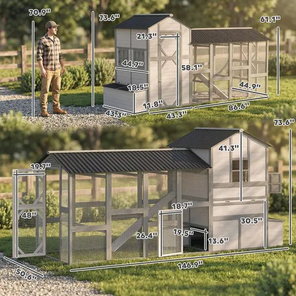 147 Inch Large Wooden Chicken Coop with Run for 8-10 Hens Gray - product image 2