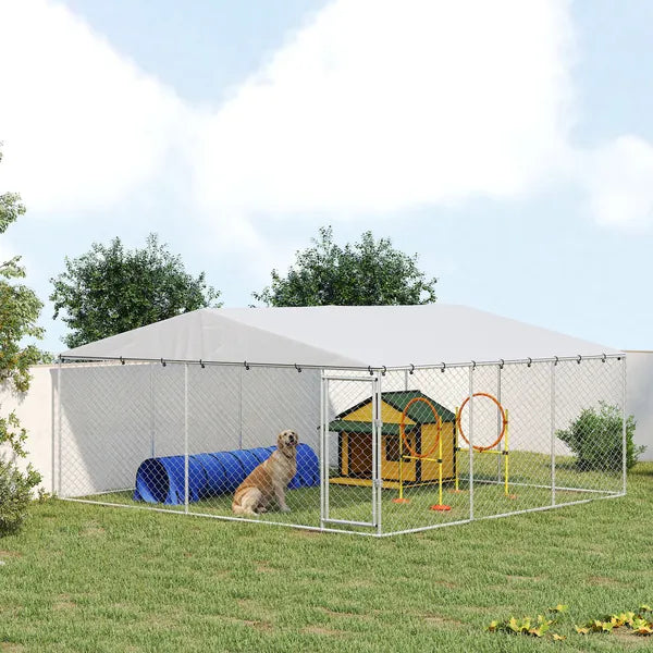 PawHut 15' x 15' x 7' Dog Kennel Outdoor for Small Medium Large Dogs with Waterproof Roof, Silver - product image 2
