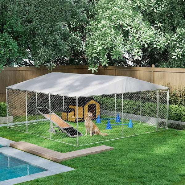 PawHut 15' x 15' x 7' Dog Kennel Outdoor for Small Medium Large Dogs with Waterproof Roof, Silver - product image 10