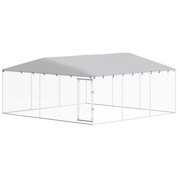 PawHut 15' x 15' x 7' Dog Kennel Outdoor for Small Medium Large Dogs with Waterproof Roof, Silver - product image 1