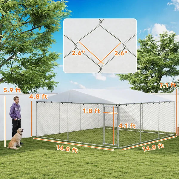 PawHut 15' x 15' x 7' Dog Kennel Outdoor for Small Medium Large Dogs with Waterproof Roof, Silver - product image 3