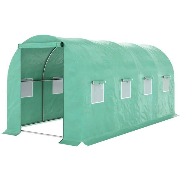 15' x 7' x 7' Walk-in Tunnel Hoop Greenhouse Polyethylene PE Cover, Steel Frame, Roll-Up Zipper Door and Windows for Flowers, Vegetables, Green - product image 1