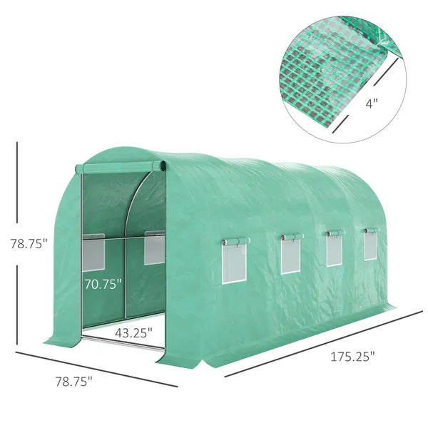 15' x 7' x 7' Walk-in Tunnel Hoop Greenhouse Polyethylene PE Cover, Steel Frame, Roll-Up Zipper Door and Windows for Flowers, Vegetables, Green - product image 3