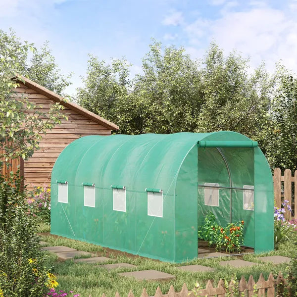 15' x 7' x 7' Walk-in Tunnel Hoop Greenhouse Polyethylene PE Cover, Steel Frame, Roll-Up Zipper Door and Windows for Flowers, Vegetables, Green - product image 2
