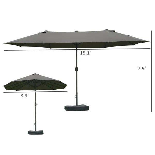 15ft Dark Gray Rectangular Market Umbrella Double-Sided Sun Shield Easy Crank with Base for Deck Pool - product image 3