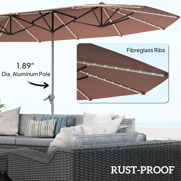 Outsunny 15 Ft Double-Sided Outdoor Umbrella with Solar Lights, UPF50+ Extra Large Aluminum Patio Umbrella with Crank, Tan - product image 6
