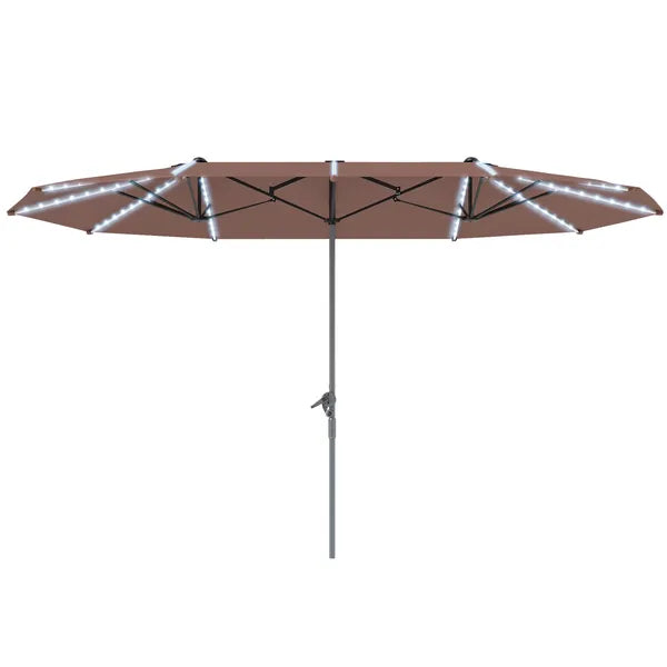 Outsunny 15 Ft Double-Sided Outdoor Umbrella with Solar Lights, UPF50+ Extra Large Aluminum Patio Umbrella with Crank, Tan - product image 1