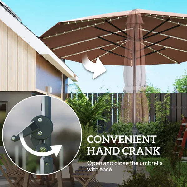 Outsunny 15 Ft Double-Sided Outdoor Umbrella with Solar Lights, UPF50+ Extra Large Aluminum Patio Umbrella with Crank, Tan - product image 7
