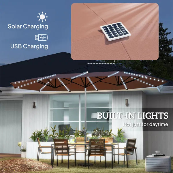 Outsunny 15 Ft Double-Sided Outdoor Umbrella with Solar Lights, UPF50+ Extra Large Aluminum Patio Umbrella with Crank, Tan - product image 5