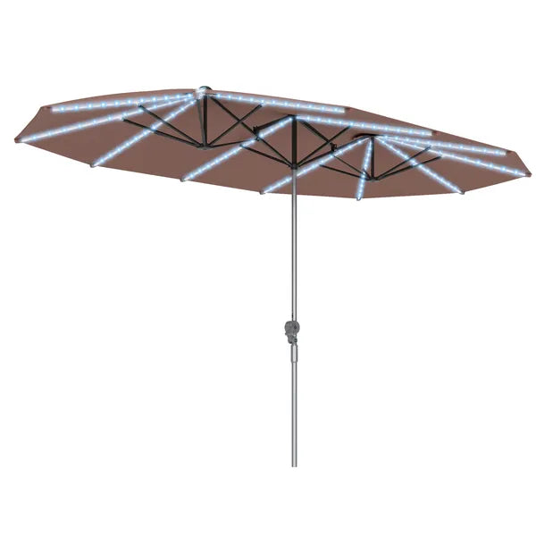 Outsunny 15 Ft Double-Sided Outdoor Umbrella with Solar Lights, UPF50+ Extra Large Aluminum Patio Umbrella with Crank, Tan - product image 11