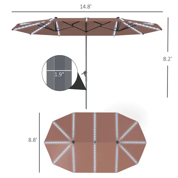 Outsunny 15 Ft Double-Sided Outdoor Umbrella with Solar Lights, UPF50+ Extra Large Aluminum Patio Umbrella with Crank, Tan - product image 3