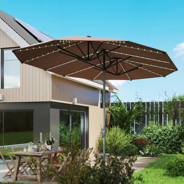 Outsunny 15 Ft Double-Sided Outdoor Umbrella with Solar Lights, UPF50+ Extra Large Aluminum Patio Umbrella with Crank, Tan - product image 9