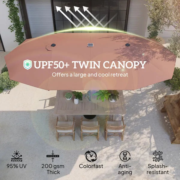 Outsunny 15 Ft Double-Sided Outdoor Umbrella with Solar Lights, UPF50+ Extra Large Aluminum Patio Umbrella with Crank, Tan - product image 4