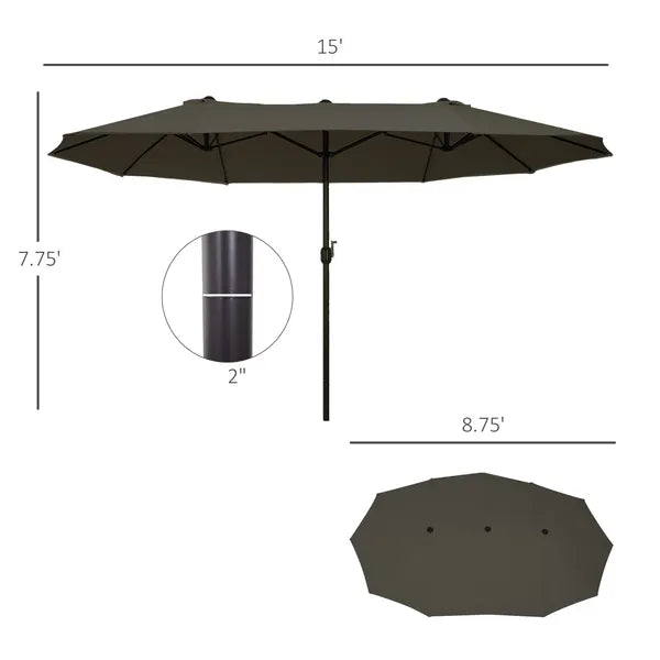 15ft Double-Sided Patio Umbrella Outdoor Market Extra Large Gray with Crank for Deck Lawn Backyard Pool - product image 3