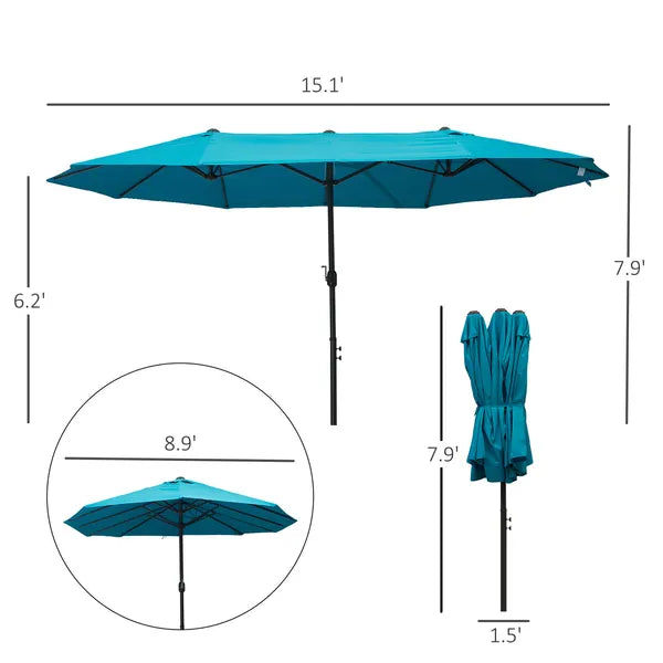 Outsunny 15 Ft Patio Umbrella with Base, Rectangular, Double-Canopy, UV-Blocking, Easy Crank, Blue - product image 3