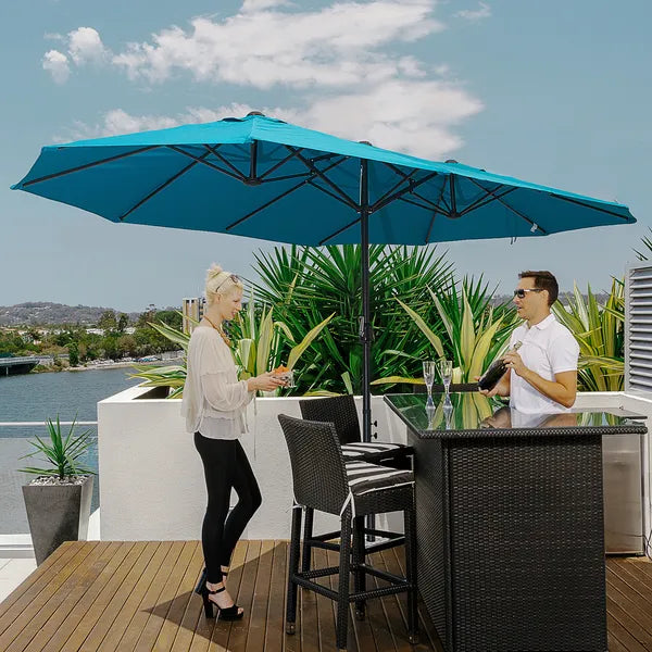 Outsunny 15 Ft Patio Umbrella with Base, Rectangular, Double-Canopy, UV-Blocking, Easy Crank, Blue - product image 2