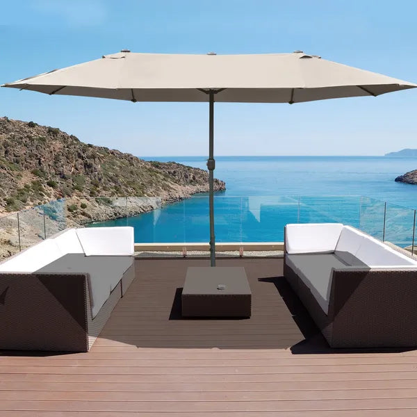 Outsunny 15ft Patio Umbrella with Base, Rectangular, Double-Canopy, UV-Blocking, Easy Crank, Coffee - product image 2