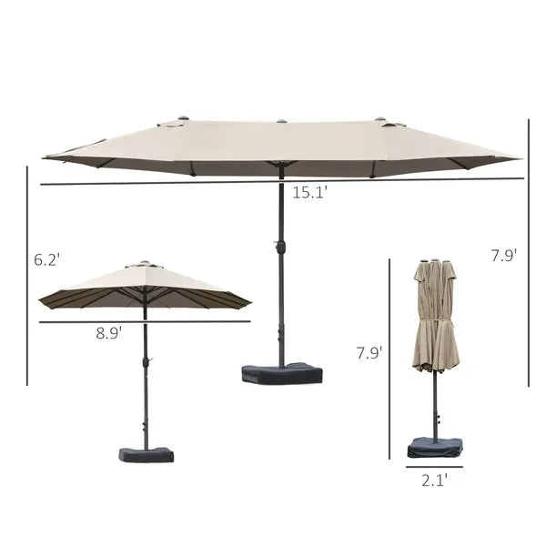 Outsunny 15ft Patio Umbrella with Base, Rectangular, Double-Canopy, UV-Blocking, Easy Crank, Coffee - product image 3