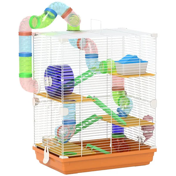 PawHut 18" 5-Tier Hamster Cage with Portable Carry Handle, Tubes and Tunnels, Includes Water Bottle, Food Dish and Exercise Wheel, Orange - product image 11