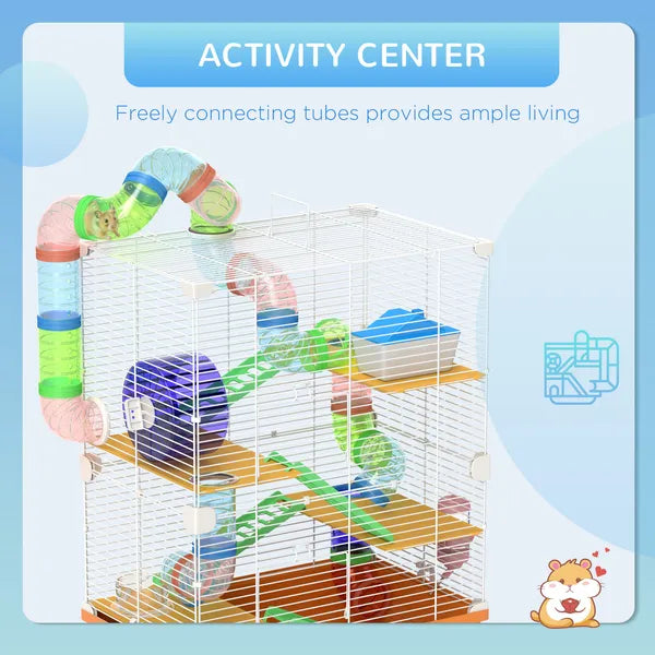 PawHut 18" 5-Tier Hamster Cage with Portable Carry Handle, Tubes and Tunnels, Includes Water Bottle, Food Dish and Exercise Wheel, Orange - product image 4