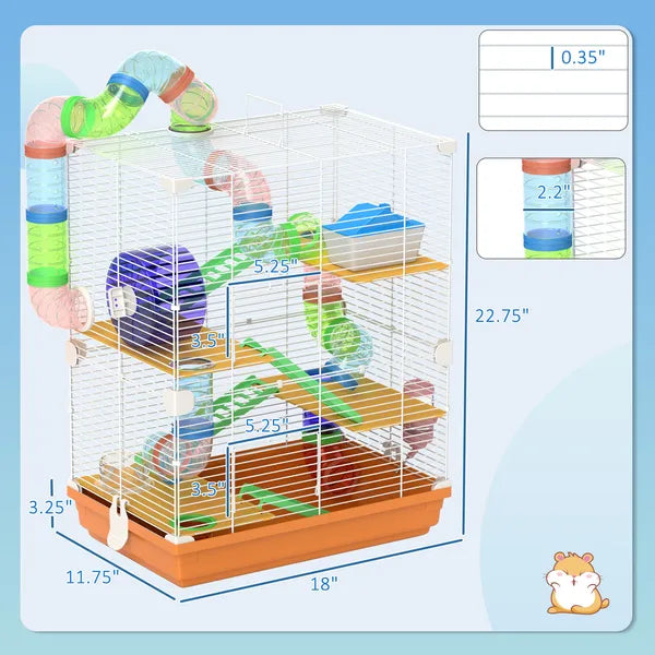 PawHut 18" 5-Tier Hamster Cage with Portable Carry Handle, Tubes and Tunnels, Includes Water Bottle, Food Dish and Exercise Wheel, Orange - product image 3