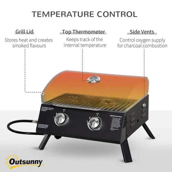 2 Burner Propane Gas Grill Portable Tabletop BBQ with Foldable Legs Lid Thermometer for Camping Black - product image 4