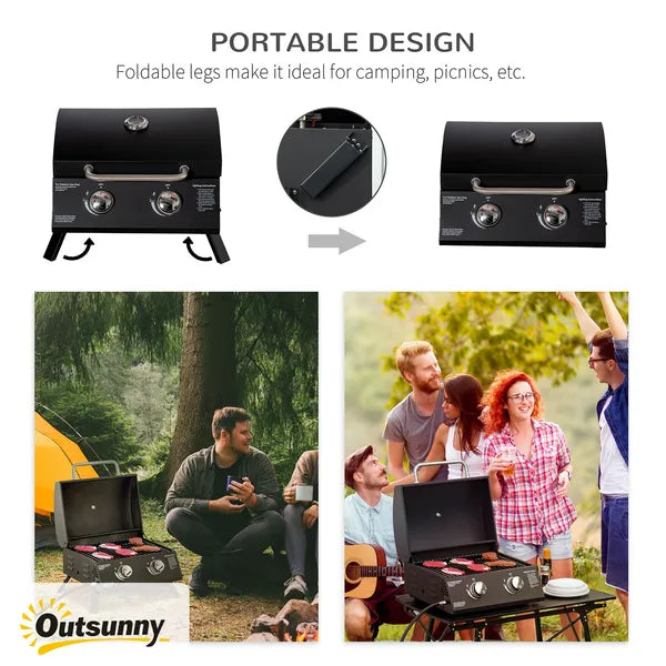 2 Burner Propane Gas Grill Portable Tabletop BBQ with Foldable Legs Lid Thermometer for Camping Black - product image 5