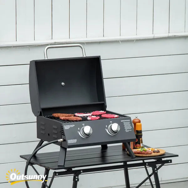 2 Burner Propane Gas Grill Portable Tabletop BBQ with Foldable Legs Lid Thermometer for Camping Black - product image 2