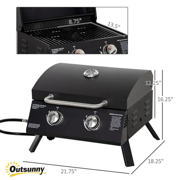 2 Burner Propane Gas Grill Portable Tabletop BBQ with Foldable Legs Lid Thermometer for Camping Black - product image 3