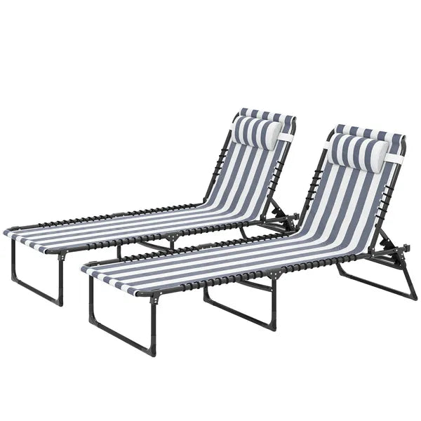 Outsunny 2 Folding Chaise Lounge Pool Chairs with 4-Position Reclining Back, Pillow, Breathable Mesh and Bungee Seat, Blue White - product image 1