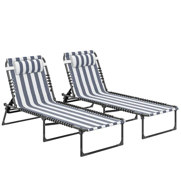 Outsunny 2 Folding Chaise Lounge Pool Chairs with 4-Position Reclining Back, Pillow, Breathable Mesh and Bungee Seat, Blue White - product image 11