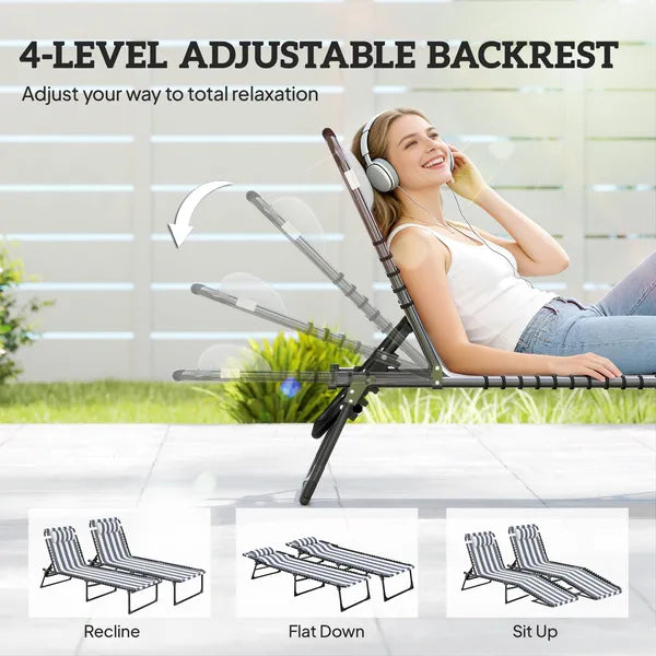 Outsunny 2 Folding Chaise Lounge Pool Chairs with 4-Position Reclining Back, Pillow, Breathable Mesh and Bungee Seat, Blue White - product image 4