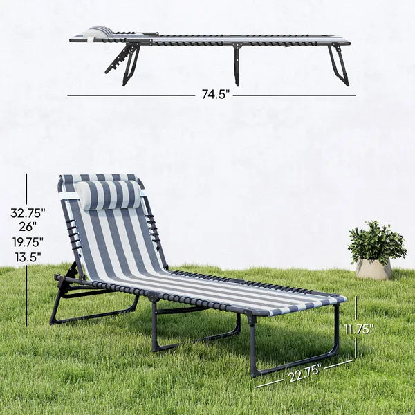 Outsunny 2 Folding Chaise Lounge Pool Chairs with 4-Position Reclining Back, Pillow, Breathable Mesh and Bungee Seat, Blue White - product image 3