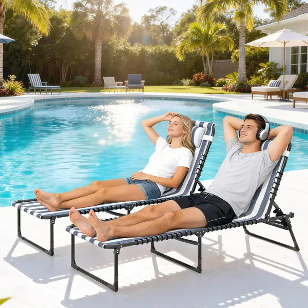 Outsunny 2 Folding Chaise Lounge Pool Chairs with 4-Position Reclining Back, Pillow, Breathable Mesh and Bungee Seat, Blue White - product image 10