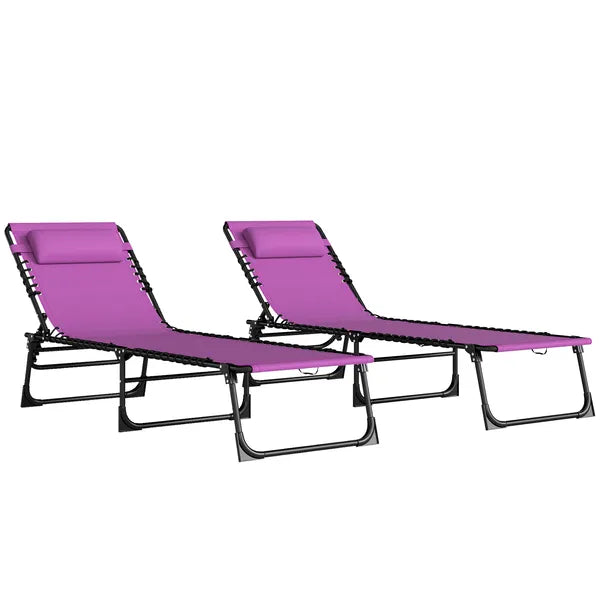 2 Folding Chaise Lounge Pool Chairs with 4-Position Reclining Back, Pillow, Breathable Mesh and Bungee Seat, Purple - product image 1