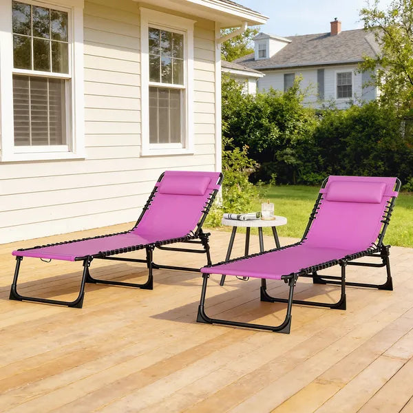 2 Folding Chaise Lounge Pool Chairs with 4-Position Reclining Back, Pillow, Breathable Mesh and Bungee Seat, Purple - product image 8