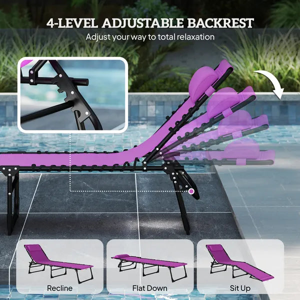 2 Folding Chaise Lounge Pool Chairs with 4-Position Reclining Back, Pillow, Breathable Mesh and Bungee Seat, Purple - product image 4