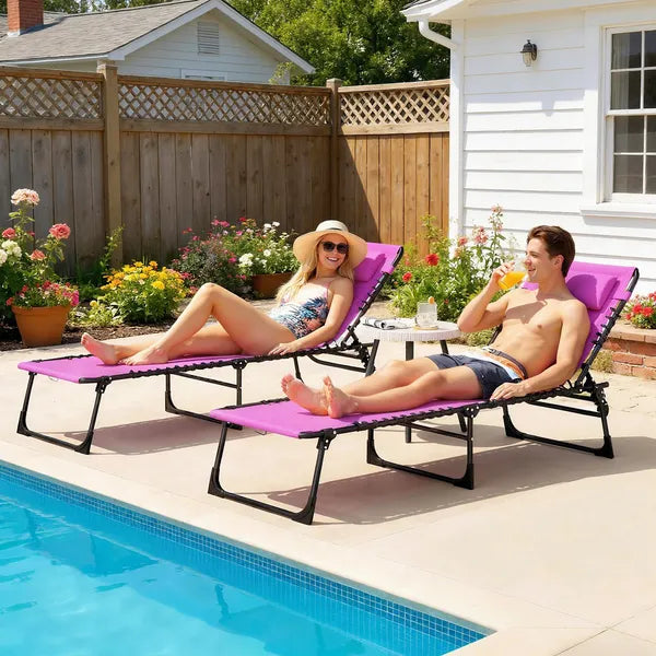 2 Folding Chaise Lounge Pool Chairs with 4-Position Reclining Back, Pillow, Breathable Mesh and Bungee Seat, Purple - product image 2